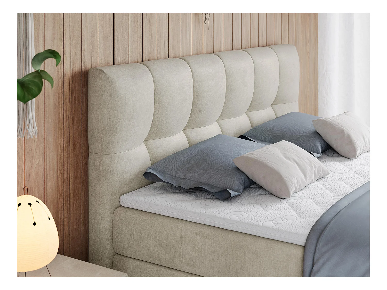 Boxspringbett ALVIN KING, mit zwei Multipocket-Matratzen, Bettkästen, genähtes Kopfteil - 180x200 cm - H4 - Beige Velvet