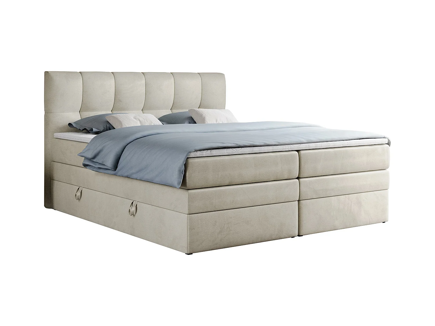 Boxspringbett ALVIN KING, mit zwei Multipocket-Matratzen, Bettkästen, genähtes Kopfteil - 180x200 cm - H4 - Beige Velvet