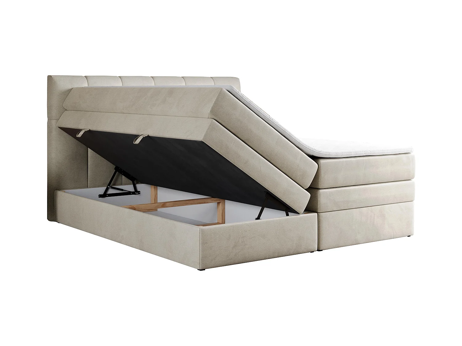 Boxspringbett ALVIN KING, mit zwei Multipocket-Matratzen, Bettkästen, genähtes Kopfteil - 180x200 cm - H4 - Beige Velvet