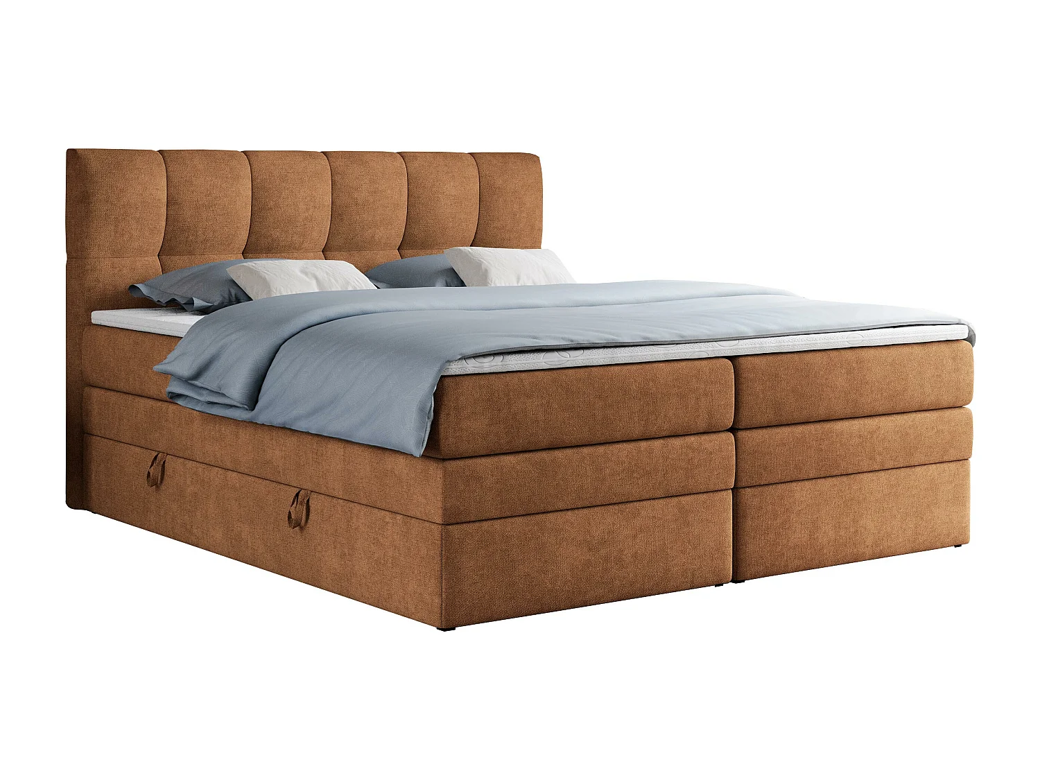 Boxspringbett ALVIN KING, mit zwei Multipocket-Matratzen, Bettkästen, genähtes Kopfteil - 120x200 cm - H3 - Orange Strukture