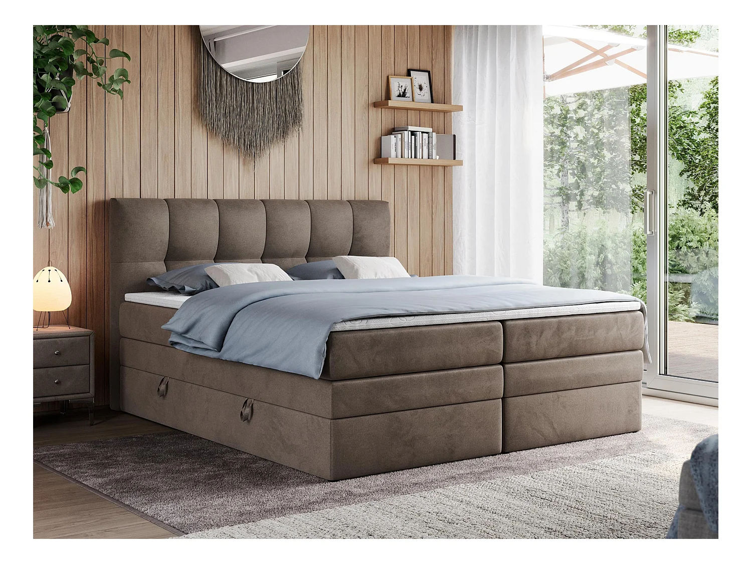 Boxspringbett ALVIN KING, mit zwei Multipocket-Matratzen, Bettkästen, genähtes Kopfteil - 180x200 cm - H4 - Braun Velvet