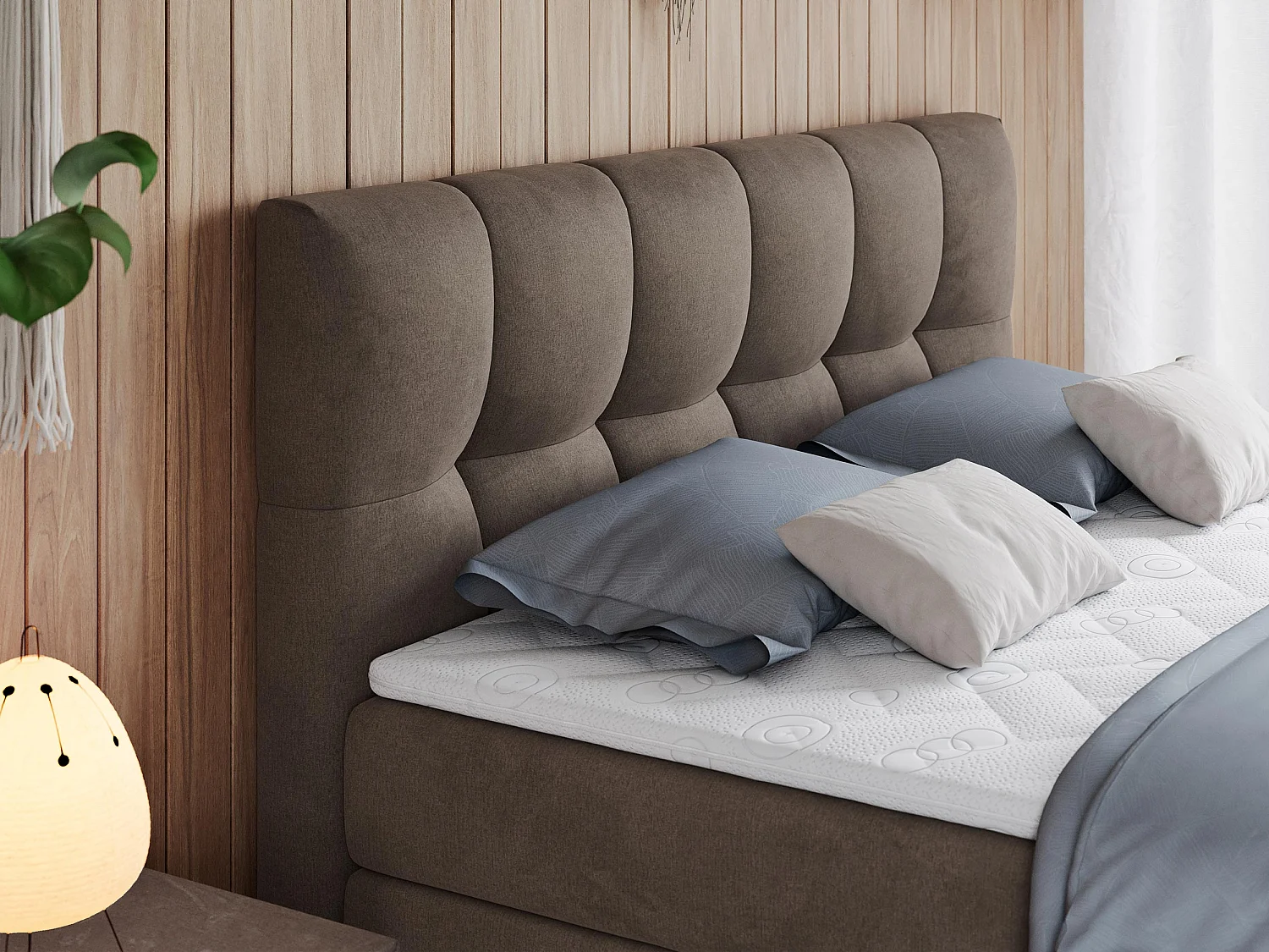 Boxspringbett ALVIN KING, mit zwei Multipocket-Matratzen, Bettkästen, genähtes Kopfteil - 180x200 cm - H4 - Braun Velvet