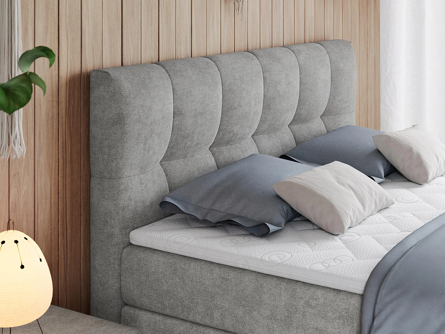 Boxspringbett ALVIN KING, mit zwei Multipocket-Matratzen, Bettkästen, genähtes Kopfteil - 180x200 cm - H4 - Hellgrau Strukture