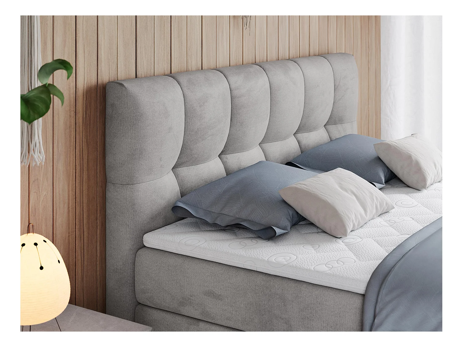 Boxspringbett ALVIN KING, mit zwei Multipocket-Matratzen, Bettkästen, genähtes Kopfteil - 120x200 cm - H4 - Hellgrau Velvet