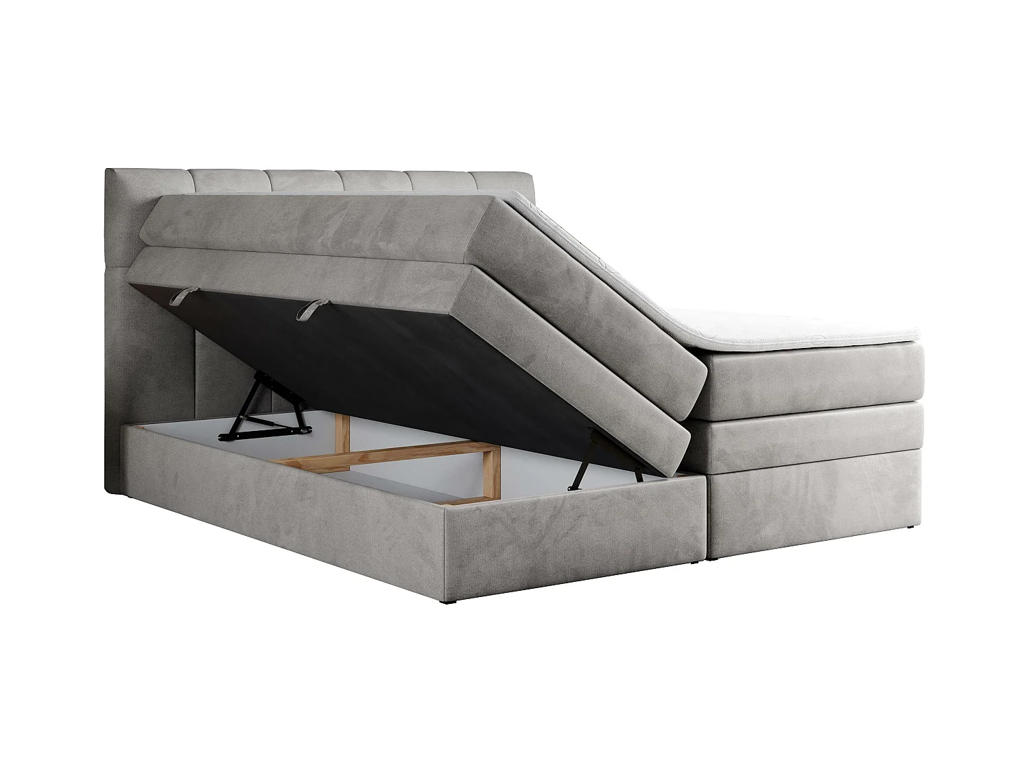Boxspringbett ALVIN KING, mit zwei Multipocket-Matratzen, Bettkästen, genähtes Kopfteil - 120x200 cm - H4 - Hellgrau Velvet