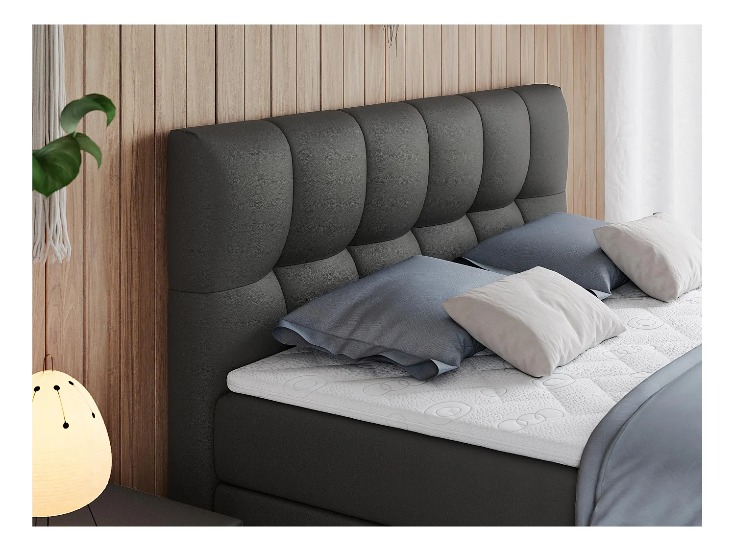 Boxspringbett ALVIN KING, mit zwei Multipocket-Matratzen, Bettkästen, genähtes Kopfteil - 120x200 cm - H3 - Dunkelgrau Kunstleder