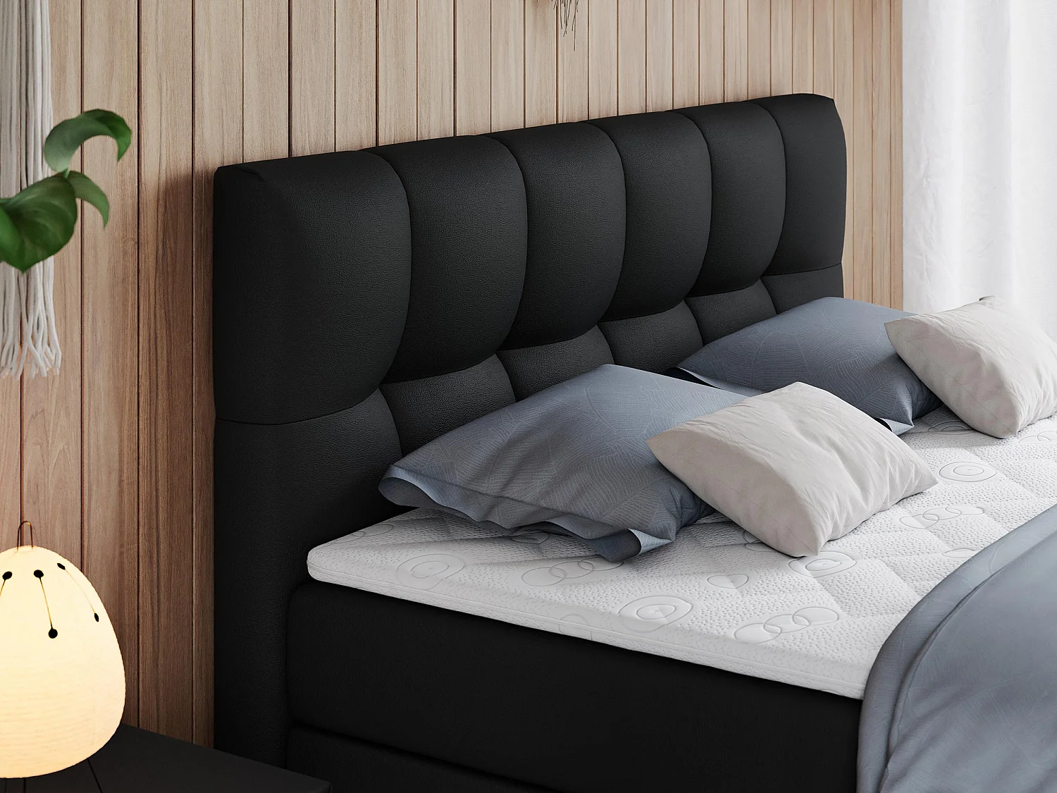 Boxspringbett ALVIN KING, mit zwei Multipocket-Matratzen, Bettkästen, genähtes Kopfteil - 120x200 cm - H4 - Schwarz Kunstleder