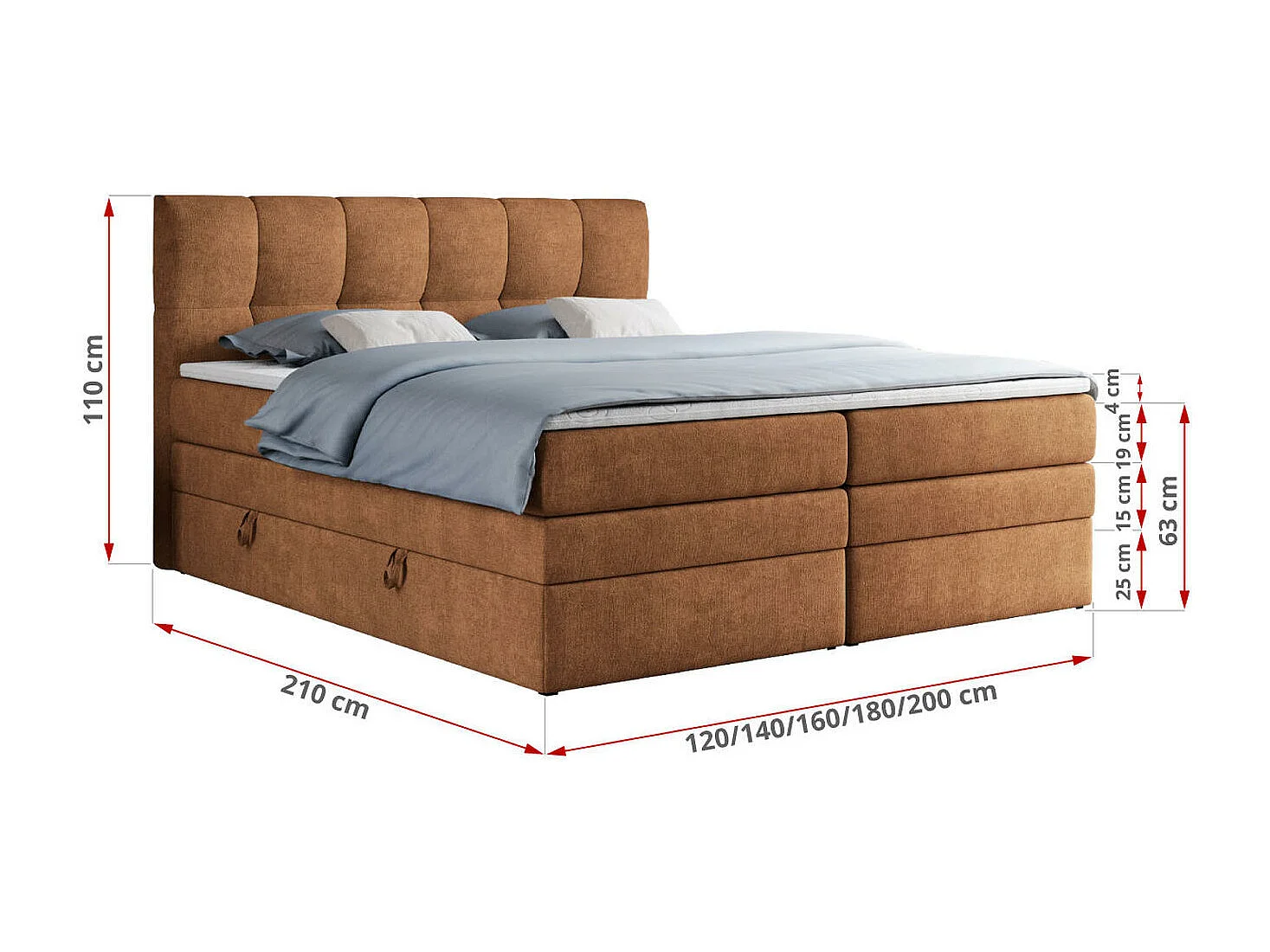 Boxspringbett ALVIN KING, mit zwei Multipocket-Matratzen, Bettkästen, genähtes Kopfteil - 160x200 cm - H4 - Orange Strukture