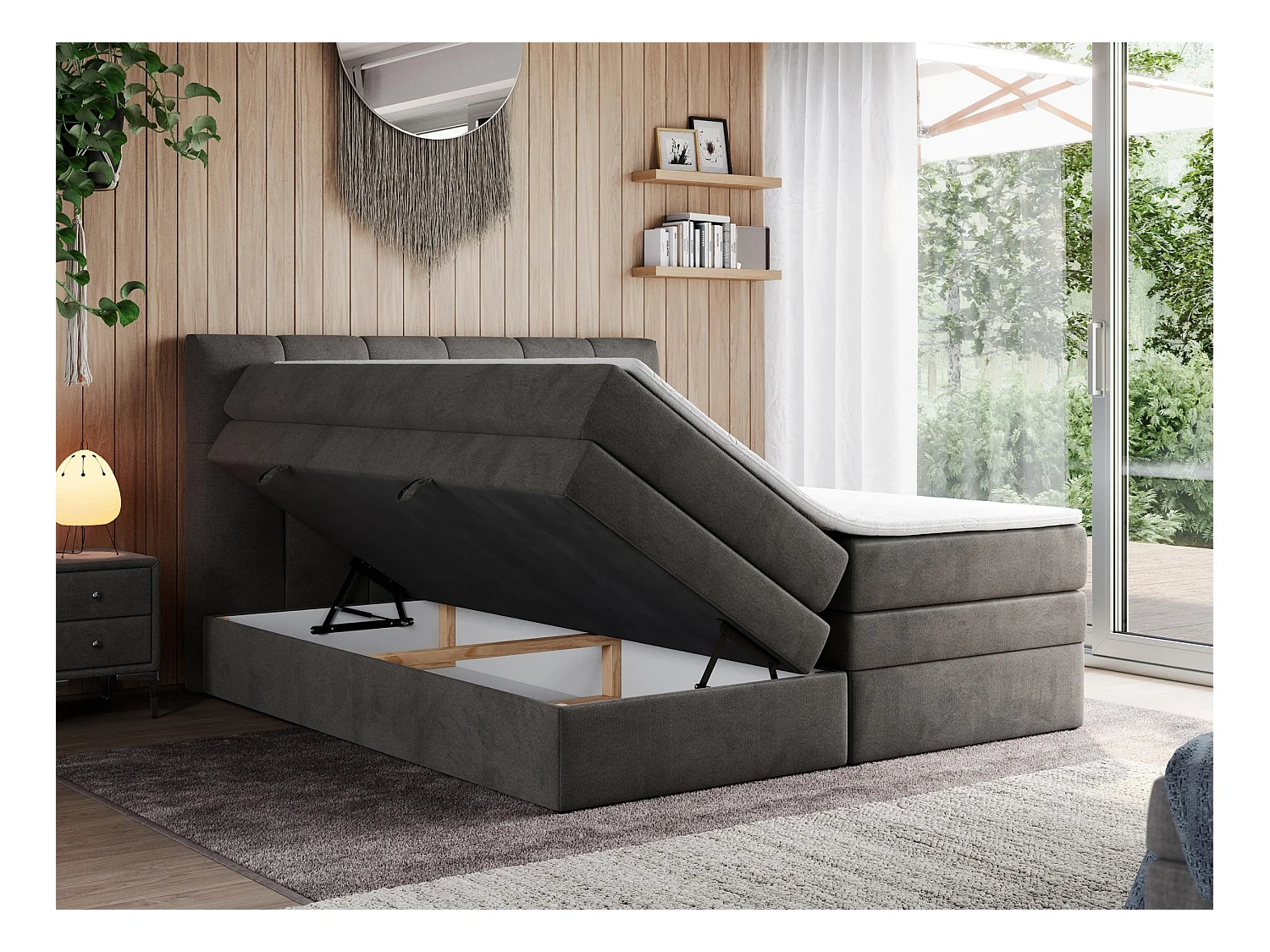 Boxspringbett ALVIN KING, mit zwei Multipocket-Matratzen, Bettkästen, genähtes Kopfteil - 200x200 cm - H3 - Dunkelgrau Velvet