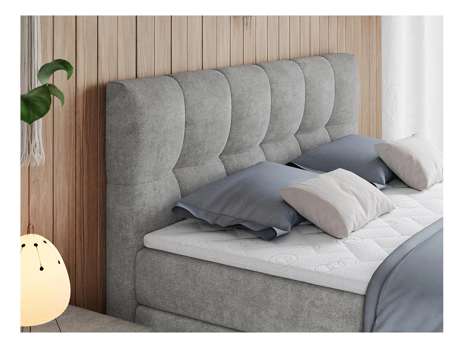 Boxspringbett ALVIN KING, mit zwei Multipocket-Matratzen, Bettkästen, genähtes Kopfteil - 120x200 cm - H3 - Hellgrau Strukture