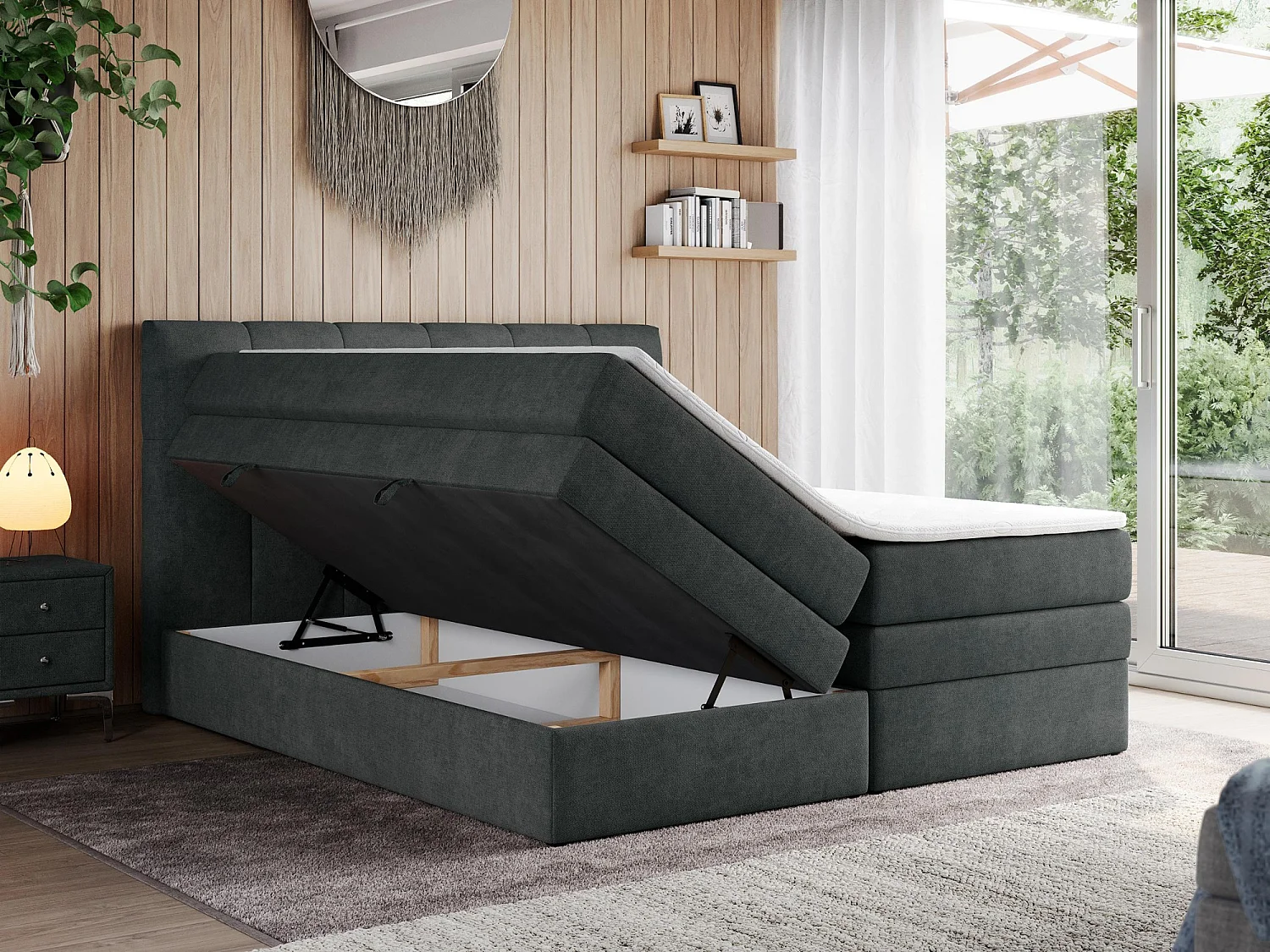 Boxspringbett ALVIN KING, mit zwei Multipocket-Matratzen, Bettkästen, genähtes Kopfteil - 160x200 cm - H4 - Dunkelgrau Strukture