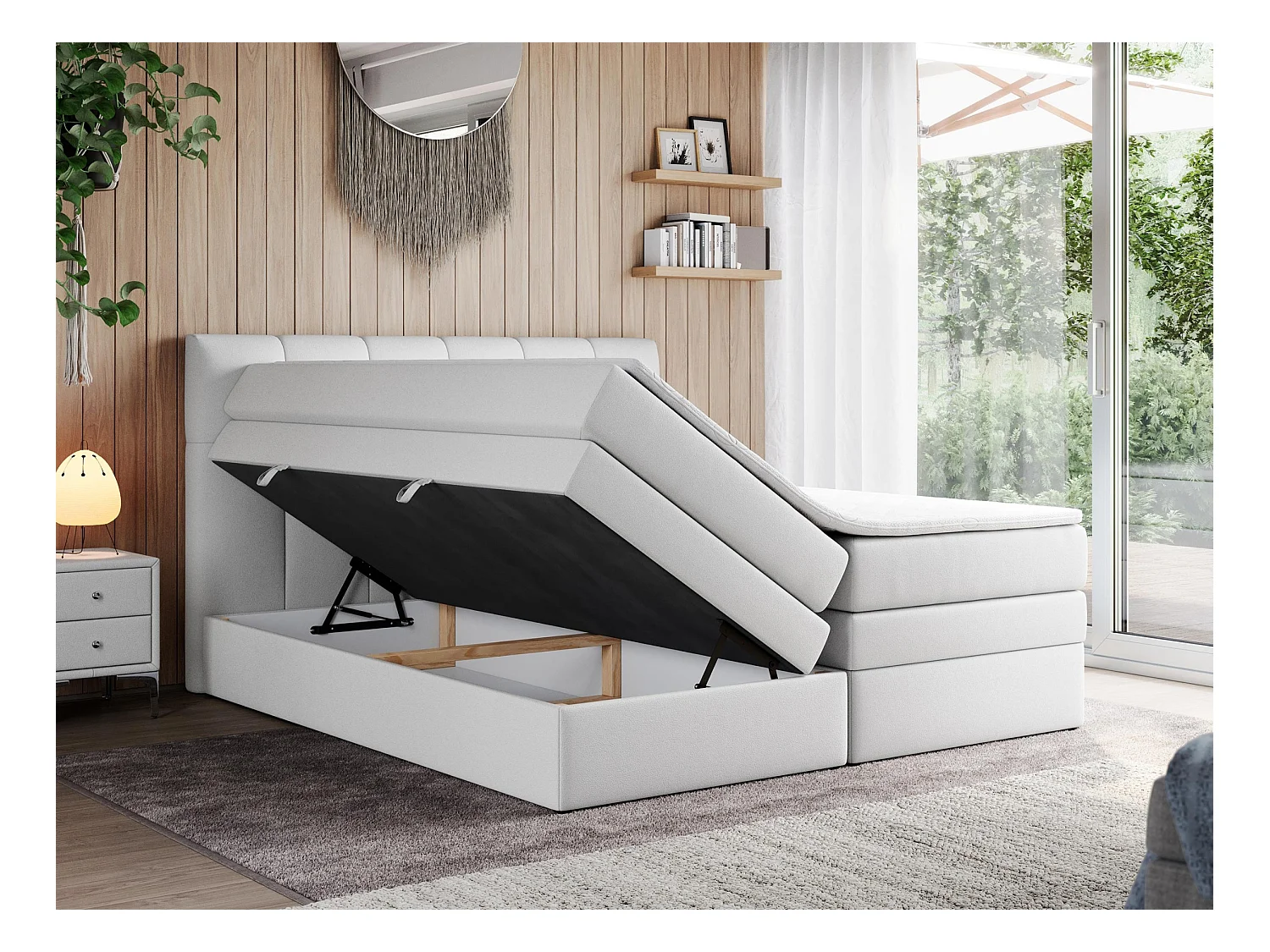 Boxspringbett ALVIN KING, mit zwei Multipocket-Matratzen, Bettkästen, genähtes Kopfteil - 160x200 cm - H3 - Weiß Kunstleder