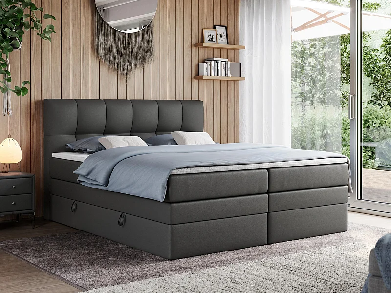 Boxspringbett ALVIN KING, mit zwei Multipocket-Matratzen, Bettkästen, genähtes Kopfteil - 160x200 cm - H3 - Dunkelgrau Kunstleder