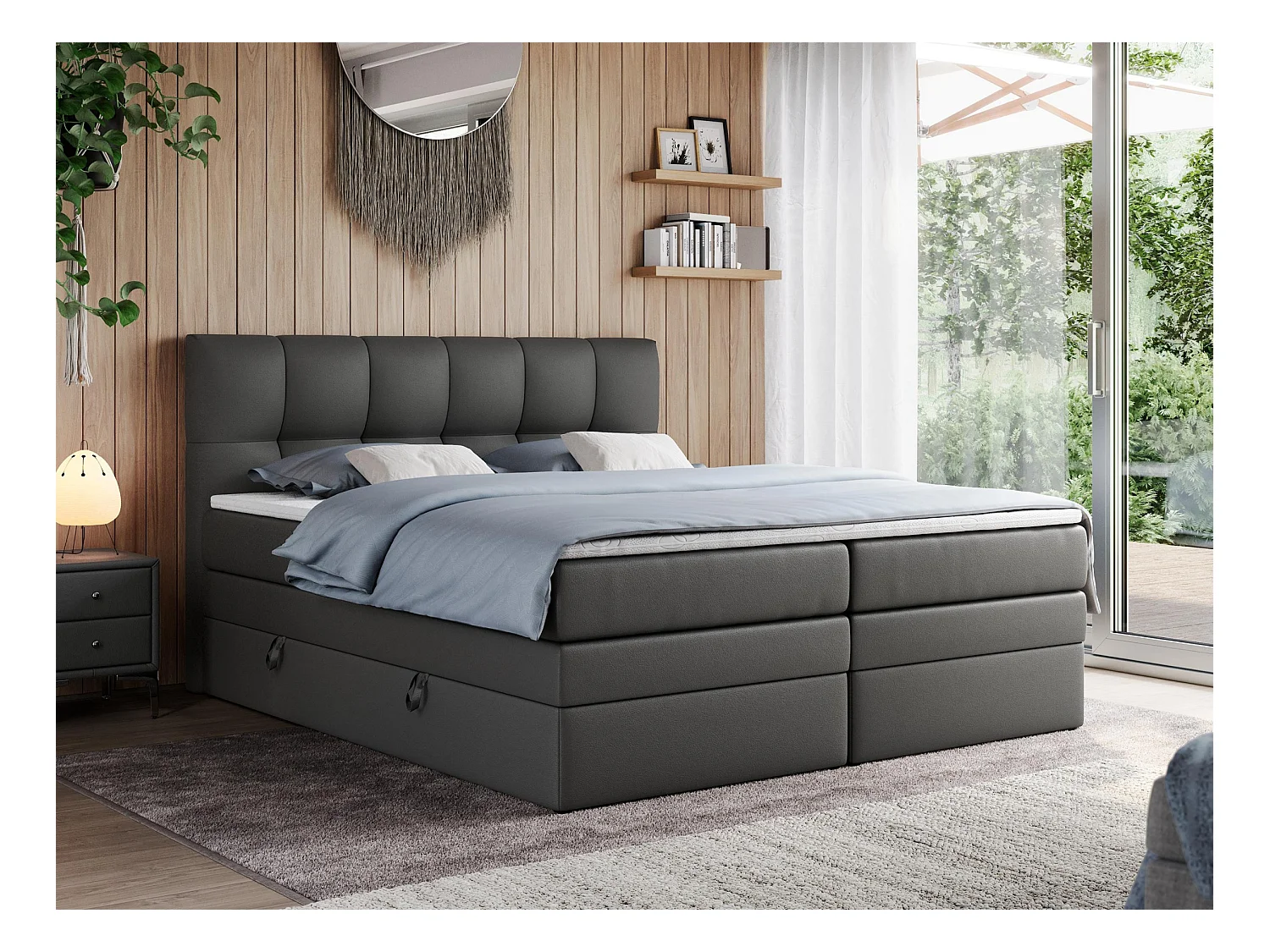 Boxspringbett ALVIN KING, mit zwei Multipocket-Matratzen, Bettkästen, genähtes Kopfteil - 160x200 cm - H3 - Dunkelgrau Kunstleder