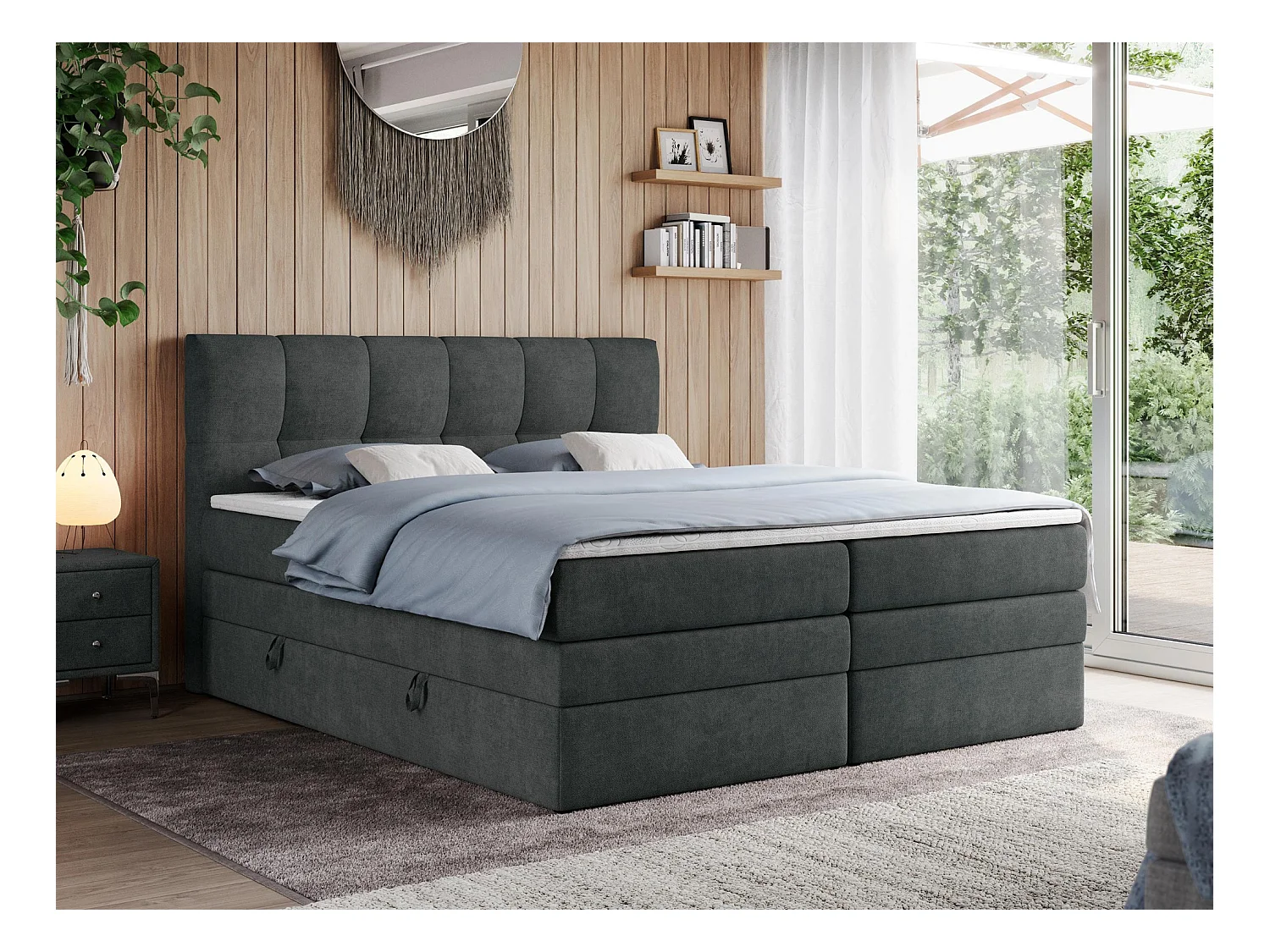 Boxspringbett ALVIN KING, mit zwei Multipocket-Matratzen, Bettkästen, genähtes Kopfteil - 200x200 cm - H4 - Dunkelgrau Strukture