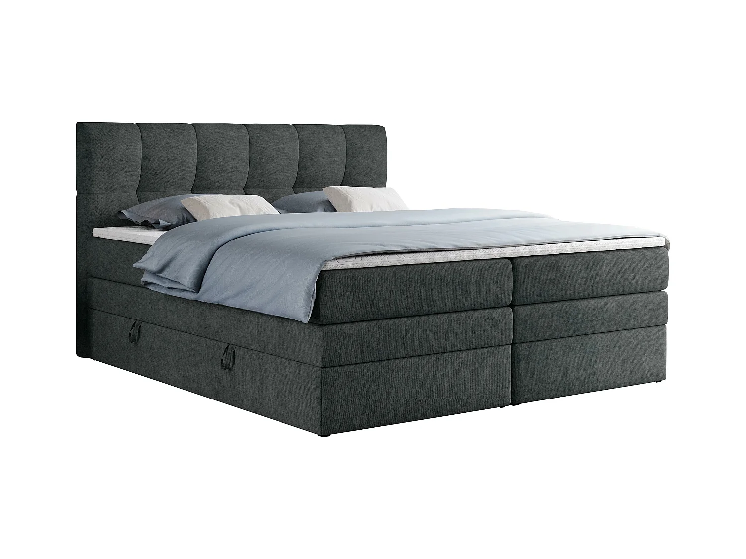 Boxspringbett ALVIN KING, mit zwei Multipocket-Matratzen, Bettkästen, genähtes Kopfteil - 200x200 cm - H4 - Dunkelgrau Strukture
