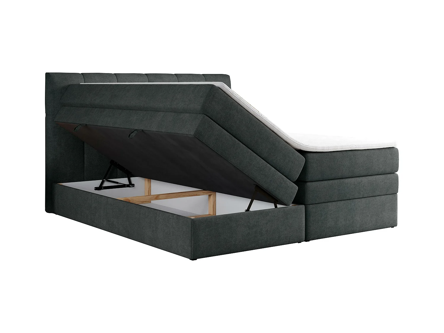 Boxspringbett ALVIN KING, mit zwei Multipocket-Matratzen, Bettkästen, genähtes Kopfteil - 200x200 cm - H4 - Dunkelgrau Strukture