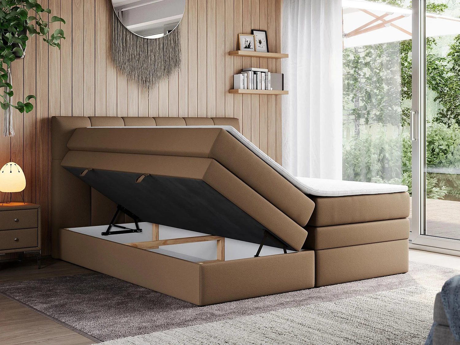 Boxspringbett ALVIN KING, mit zwei Multipocket-Matratzen, Bettkästen, genähtes Kopfteil - 180x200 cm - H4 - Braun Kunstleder