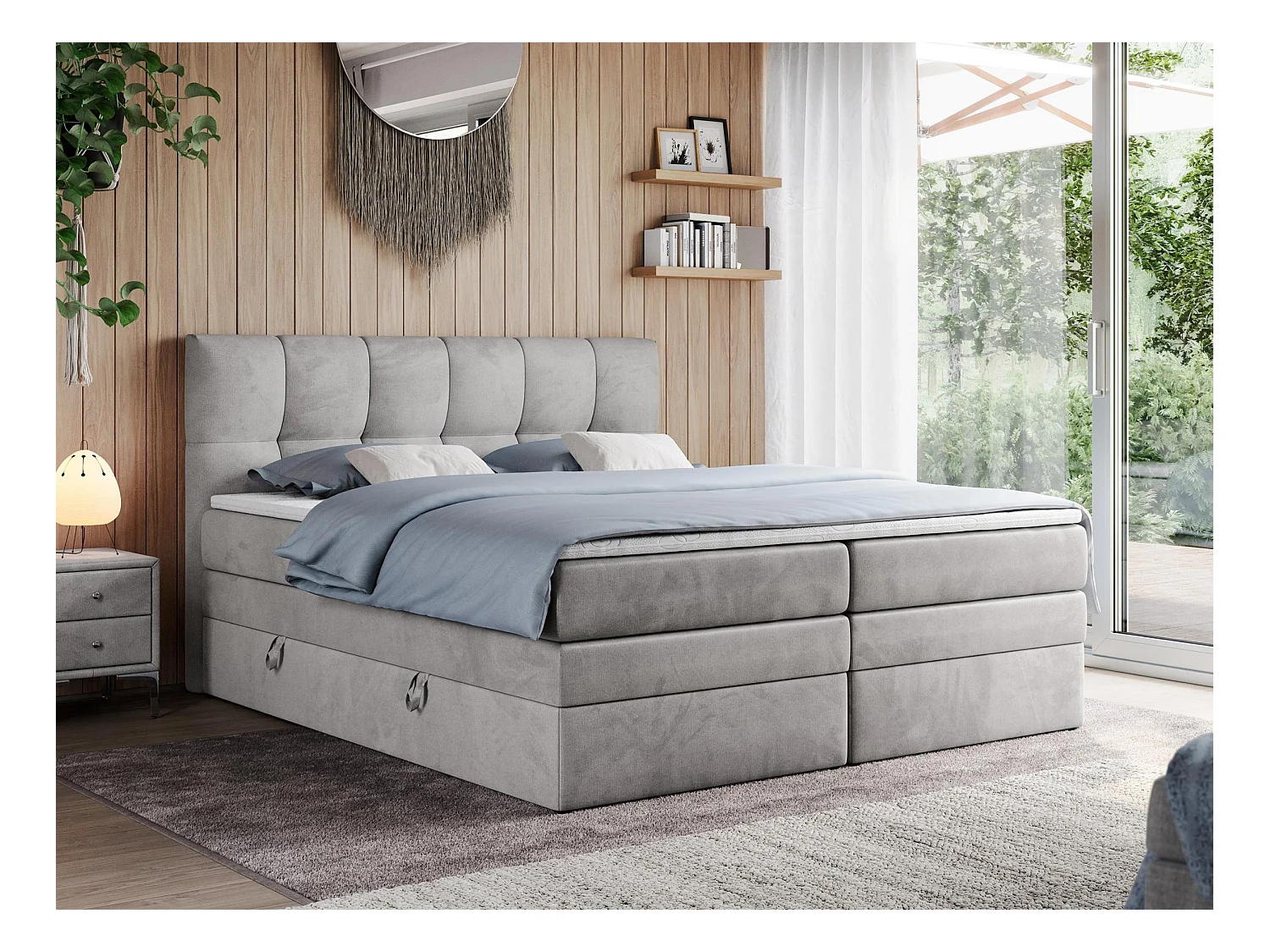 Boxspringbett ALVIN KING, mit zwei Multipocket-Matratzen, Bettkästen, genähtes Kopfteil - 140x200 cm - H3 - Hellgrau Velvet