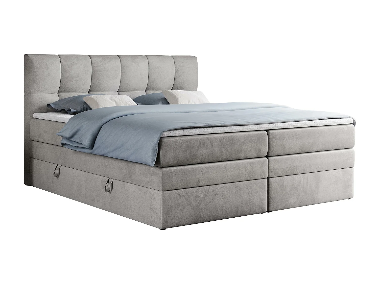 Boxspringbett ALVIN KING, mit zwei Multipocket-Matratzen, Bettkästen, genähtes Kopfteil - 140x200 cm - H3 - Hellgrau Velvet