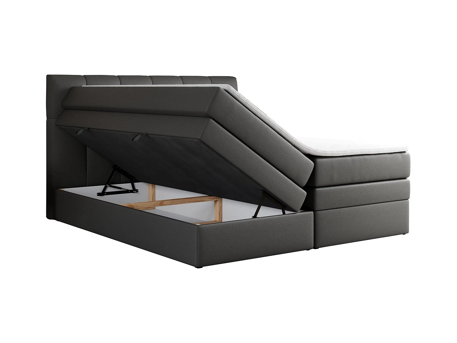 Boxspringbett ALVIN KING, mit zwei Multipocket-Matratzen, Bettkästen, genähtes Kopfteil - 140x200 cm - H4 - Dunkelgrau Kunstleder