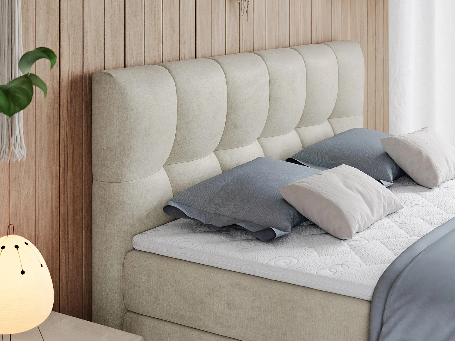 Boxspringbett ALVIN KING, mit zwei Multipocket-Matratzen, Bettkästen, genähtes Kopfteil - 140x200 cm - H4 - Beige Velvet