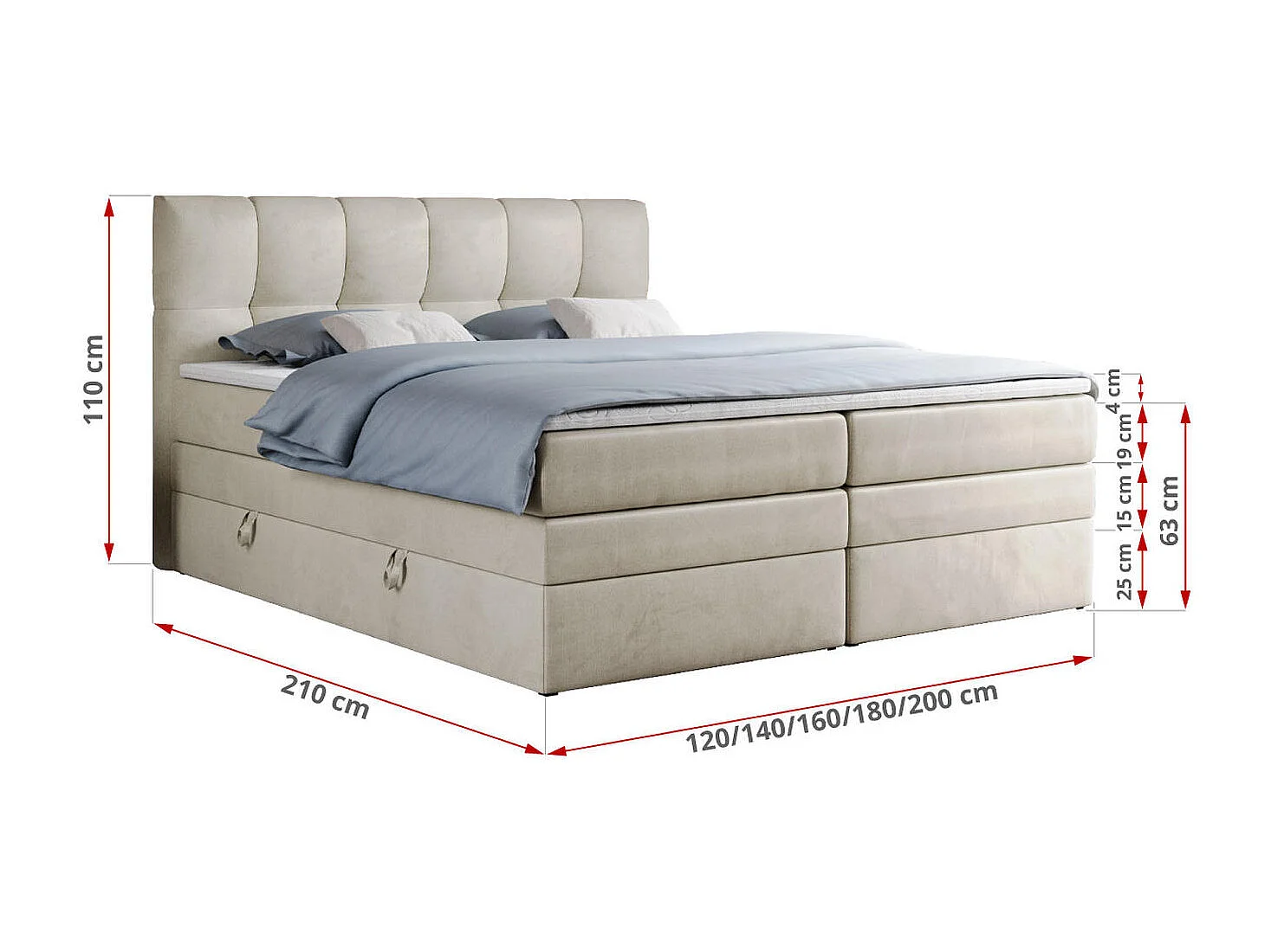 Boxspringbett ALVIN KING, mit zwei Multipocket-Matratzen, Bettkästen, genähtes Kopfteil - 140x200 cm - H4 - Beige Velvet