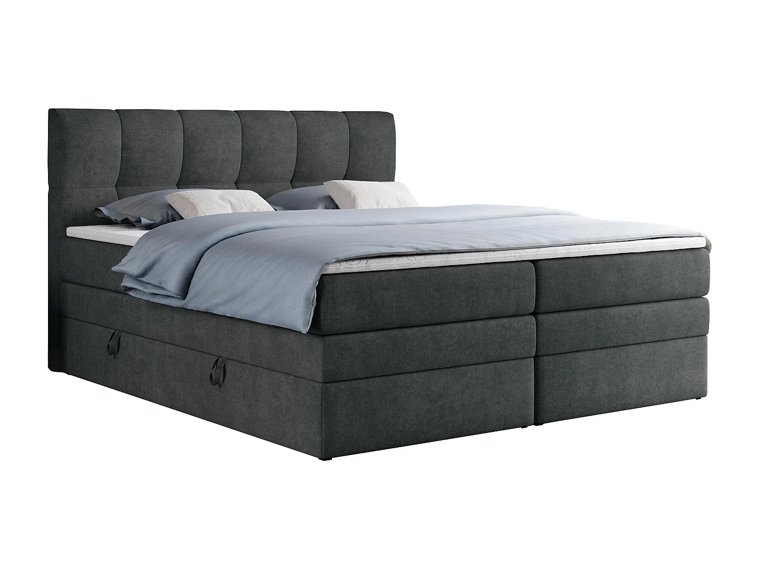 Boxspringbett ALVIN KING, mit zwei Multipocket-Matratzen, Bettkästen, genähtes Kopfteil - 140x200 cm - H4 - Dunkelgrau Strukture