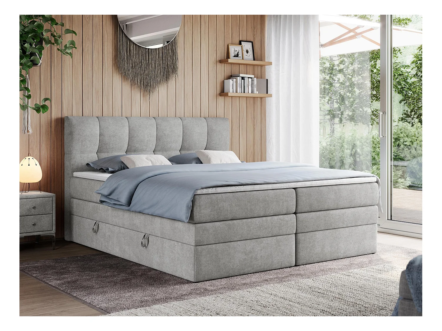 Boxspringbett ALVIN KING, mit zwei Multipocket-Matratzen, Bettkästen, genähtes Kopfteil - 120x200 cm - H4 - Hellgrau Strukture