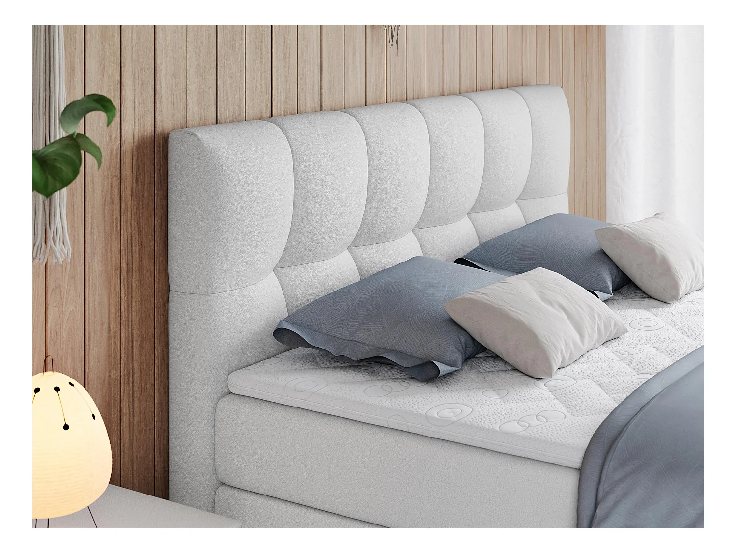 Boxspringbett ALVIN KING, mit zwei Multipocket-Matratzen, Bettkästen, genähtes Kopfteil - 120x200 cm - H3 - Weiß Kunstleder