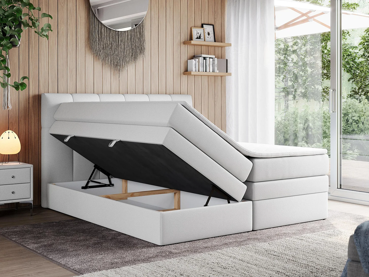 Boxspringbett ALVIN KING, mit zwei Multipocket-Matratzen, Bettkästen, genähtes Kopfteil - 120x200 cm - H3 - Weiß Kunstleder