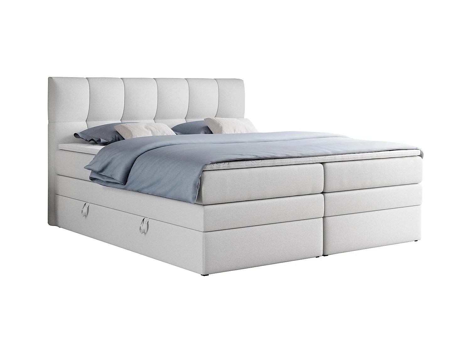 Boxspringbett ALVIN KING, mit zwei Multipocket-Matratzen, Bettkästen, genähtes Kopfteil - 180x200 cm - H3 - Weiß Kunstleder