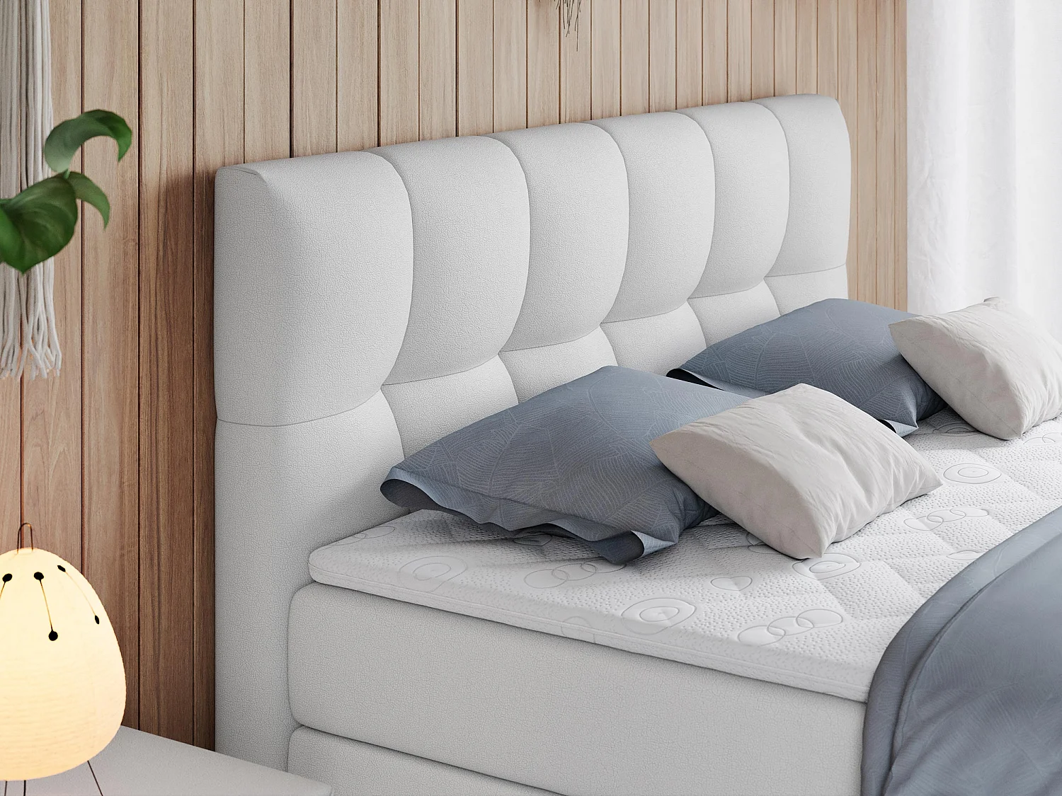 Boxspringbett ALVIN KING, mit zwei Multipocket-Matratzen, Bettkästen, genähtes Kopfteil - 180x200 cm - H3 - Weiß Kunstleder