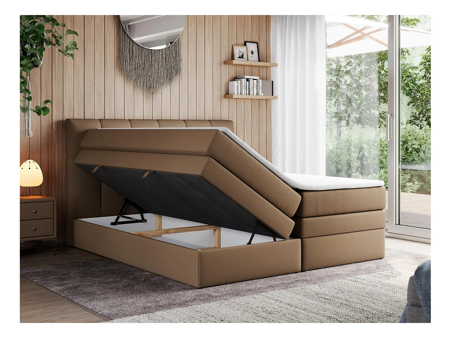 Boxspringbett ALVIN KING, mit zwei Multipocket-Matratzen, Bettkästen, genähtes Kopfteil - 140x200 cm - H4 - Braun Kunstleder