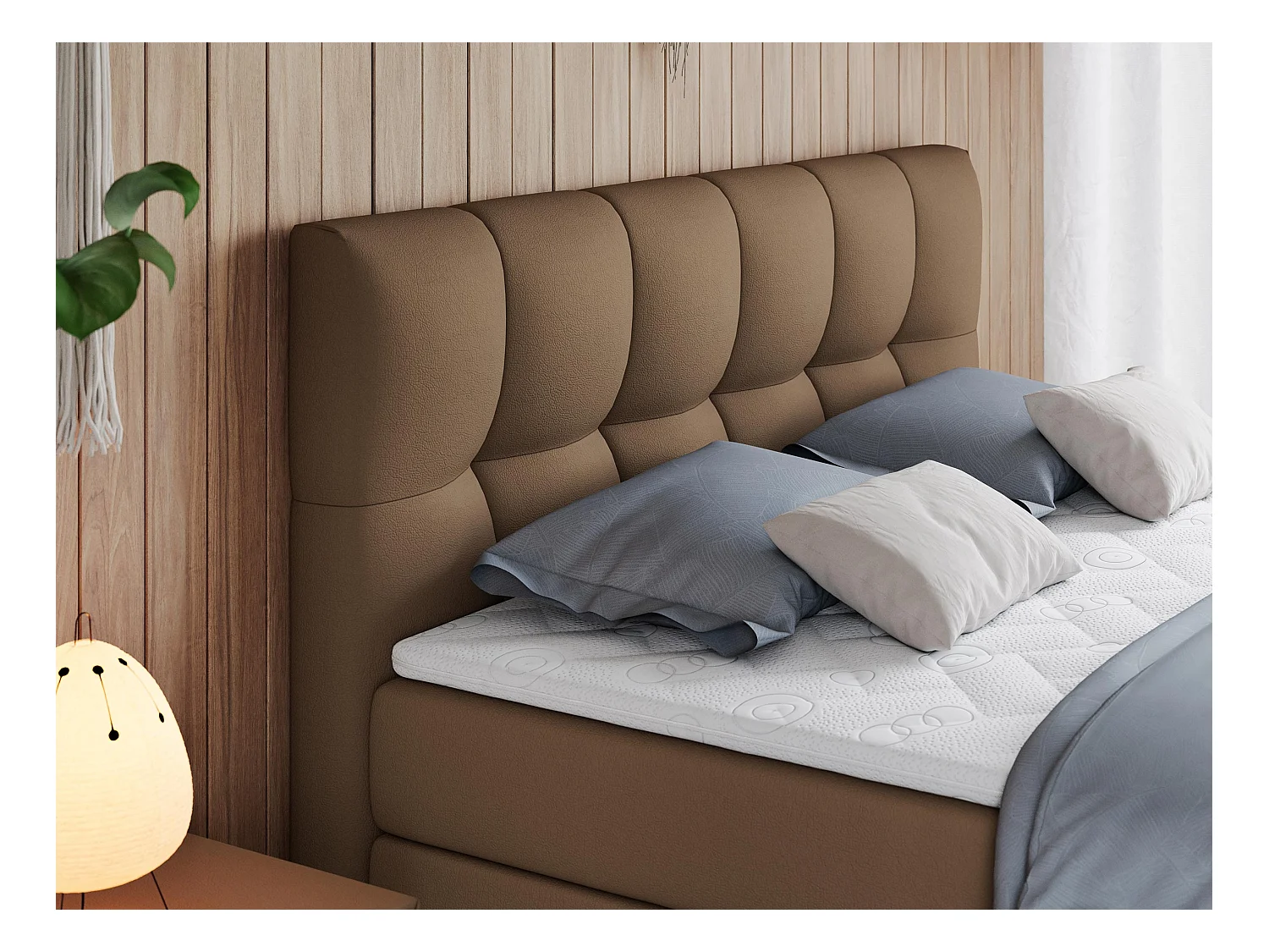 Boxspringbett ALVIN KING, mit zwei Multipocket-Matratzen, Bettkästen, genähtes Kopfteil - 140x200 cm - H4 - Braun Kunstleder