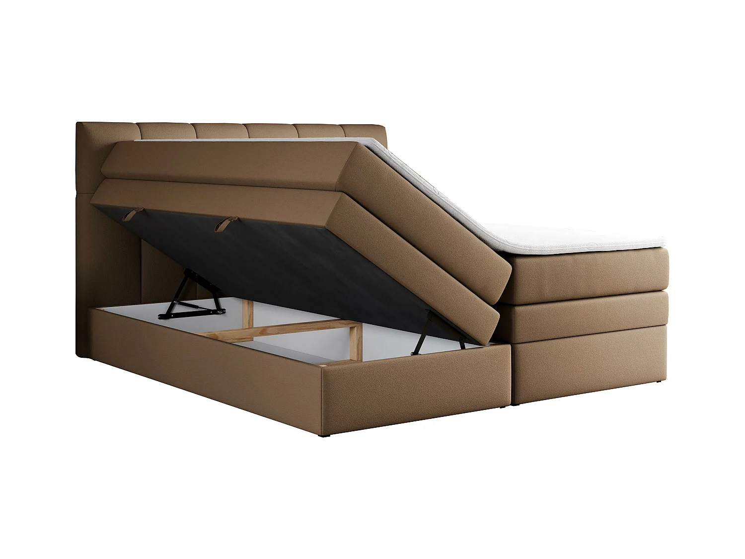 Boxspringbett ALVIN KING, mit zwei Multipocket-Matratzen, Bettkästen, genähtes Kopfteil - 140x200 cm - H4 - Braun Kunstleder