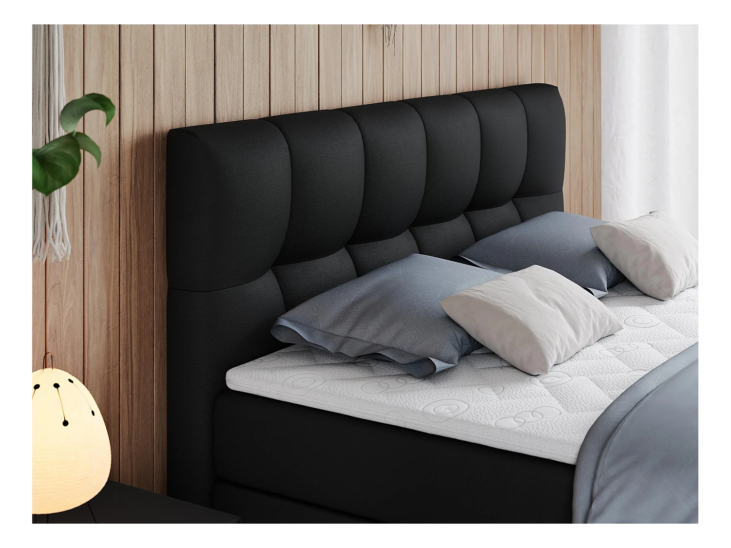 Boxspringbett ALVIN KING, mit zwei Multipocket-Matratzen, Bettkästen, genähtes Kopfteil - 180x200 cm - H4 - Schwarz Kunstleder