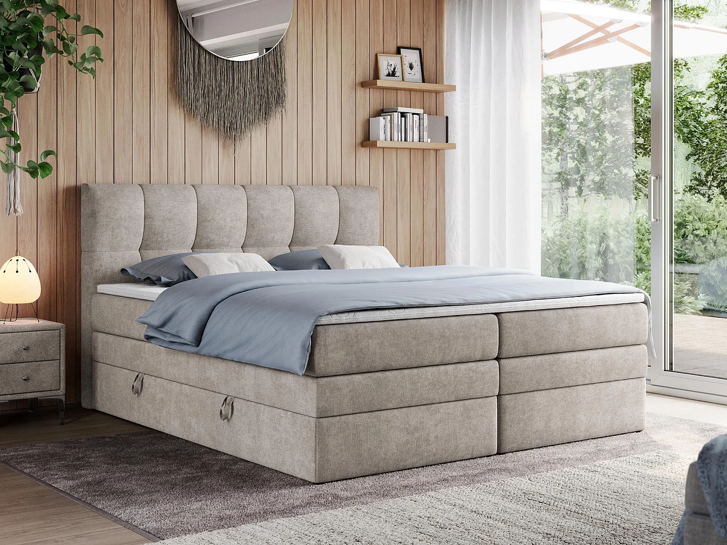 Boxspringbett ALVIN KING, mit zwei Multipocket-Matratzen, Bettkästen, genähtes Kopfteil - 120x200 cm - H4 - Beige Strukture