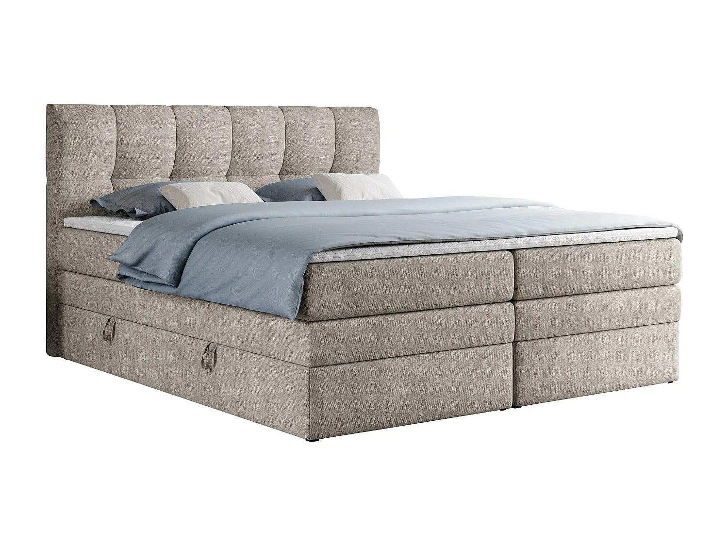 Boxspringbett ALVIN KING, mit zwei Multipocket-Matratzen, Bettkästen, genähtes Kopfteil - 120x200 cm - H4 - Beige Strukture
