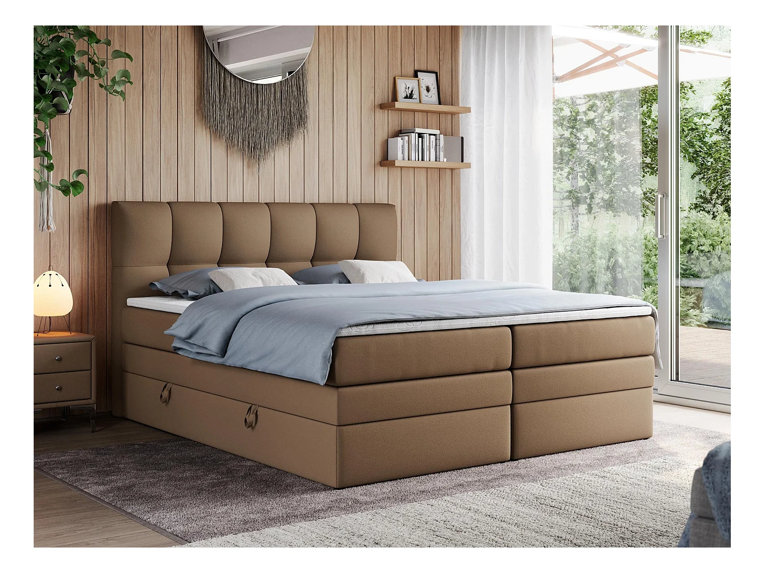 Boxspringbett ALVIN KING, mit zwei Multipocket-Matratzen, Bettkästen, genähtes Kopfteil - 180x200 cm - H3 - Braun Kunstleder