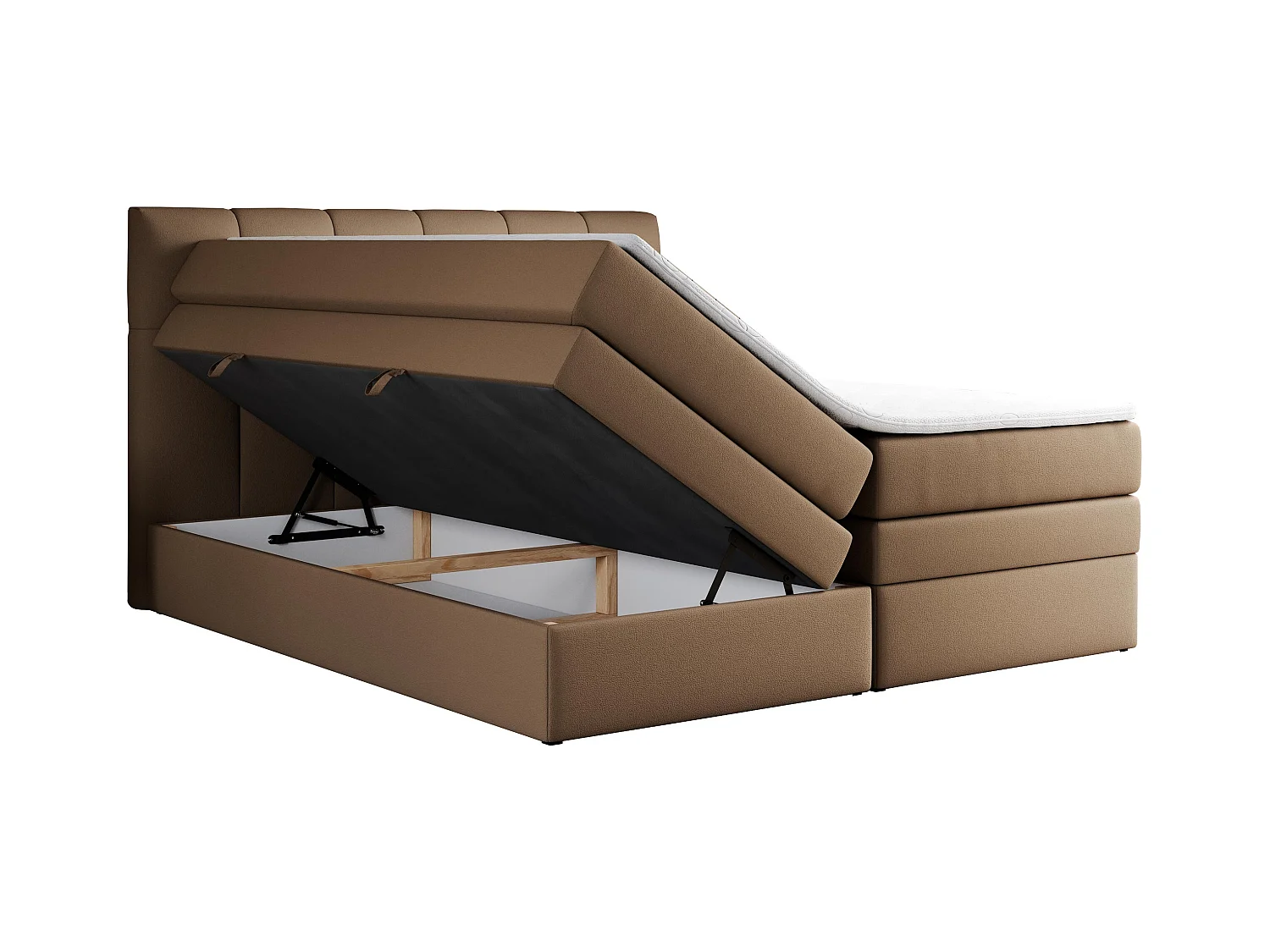 Boxspringbett ALVIN KING, mit zwei Multipocket-Matratzen, Bettkästen, genähtes Kopfteil - 180x200 cm - H3 - Braun Kunstleder