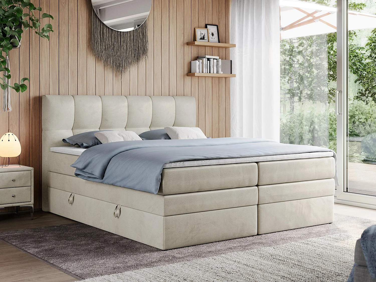 Boxspringbett ALVIN KING, mit zwei Multipocket-Matratzen, Bettkästen, genähtes Kopfteil - 140x200 cm - H3 - Beige Velvet