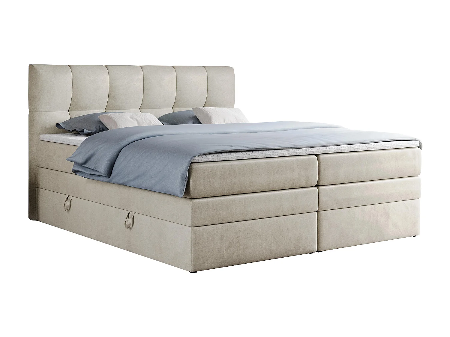 Boxspringbett ALVIN KING, mit zwei Multipocket-Matratzen, Bettkästen, genähtes Kopfteil - 140x200 cm - H3 - Beige Velvet