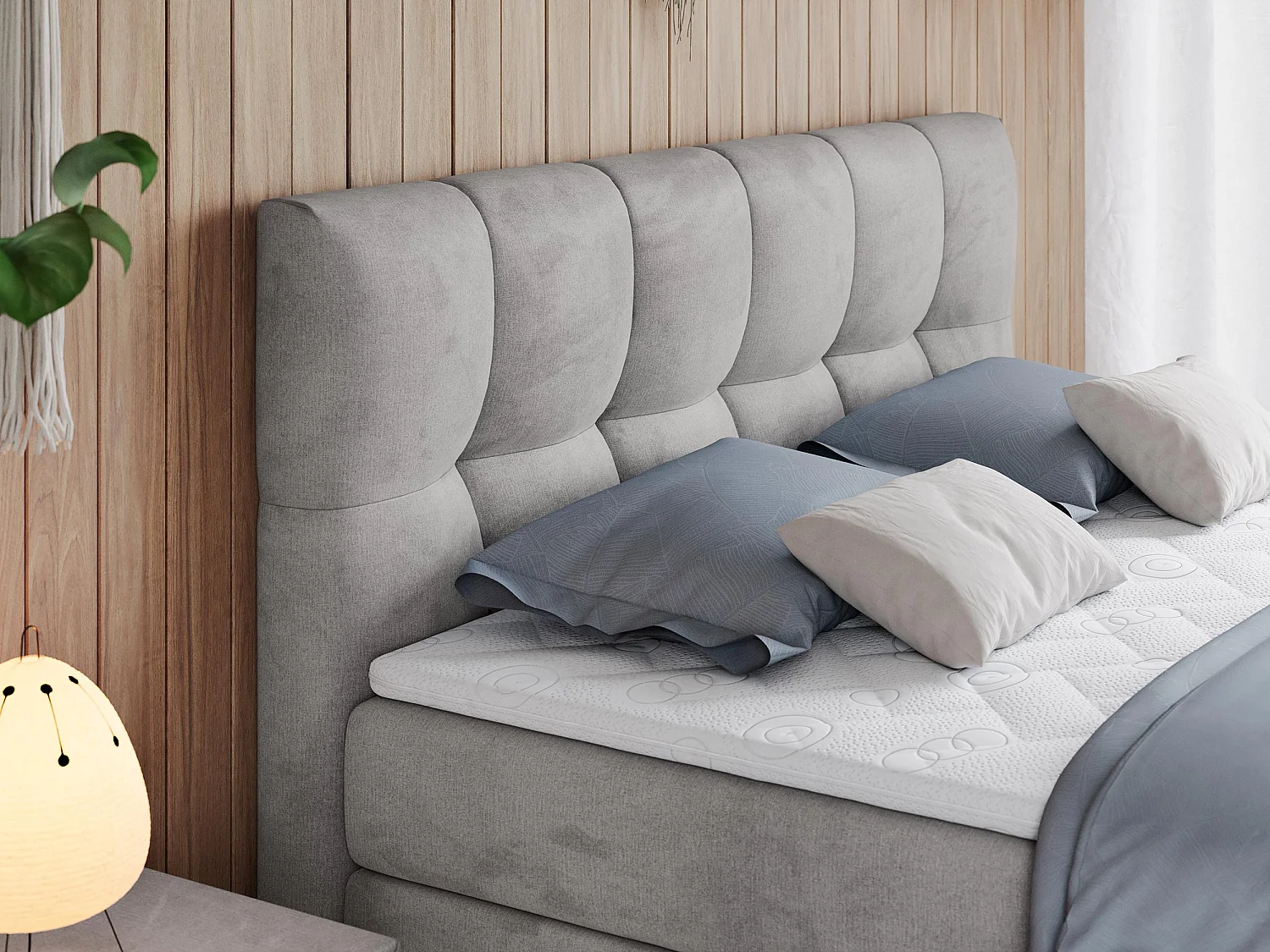 Boxspringbett ALVIN KING, mit zwei Multipocket-Matratzen, Bettkästen, genähtes Kopfteil - 160x200 cm - H3 - Hellgrau Velvet