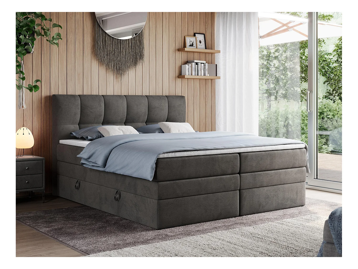 Boxspringbett ALVIN KING, mit zwei Multipocket-Matratzen, Bettkästen, genähtes Kopfteil - 200x200 cm - H4 - Dunkelgrau Velvet