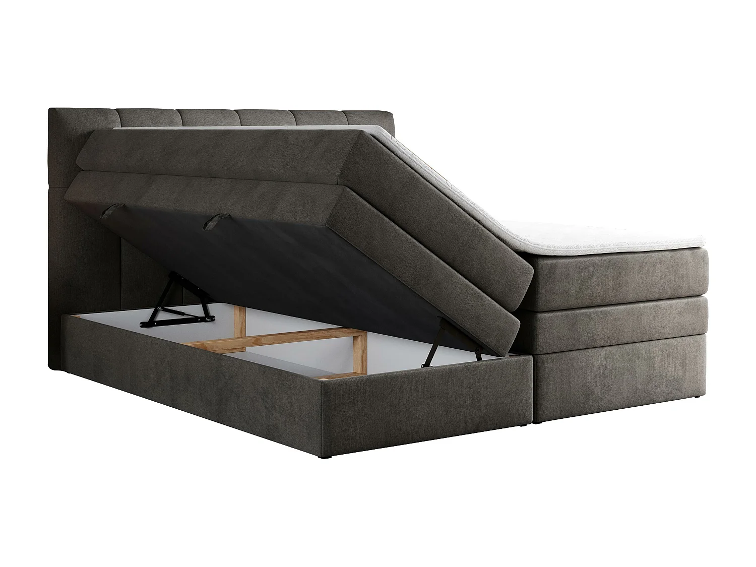 Boxspringbett ALVIN KING, mit zwei Multipocket-Matratzen, Bettkästen, genähtes Kopfteil - 200x200 cm - H4 - Dunkelgrau Velvet