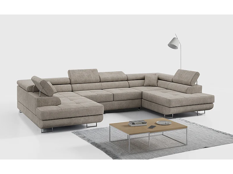 Ecksofa GUSTAW U, mit Schlaffunktion, Großes U-form ecksofa, XXL Wohnlandschaft, verstellbare Kopfstützen - Beige Strukture