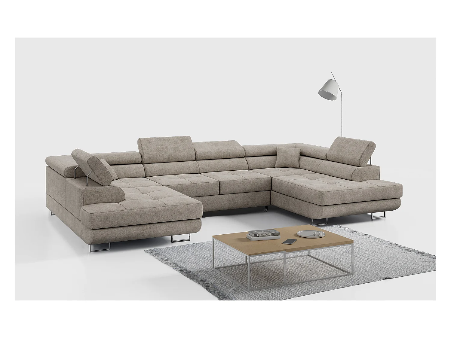 Ecksofa GUSTAW U, mit Schlaffunktion, Großes U-form ecksofa, XXL Wohnlandschaft, verstellbare Kopfstützen - Beige Strukture