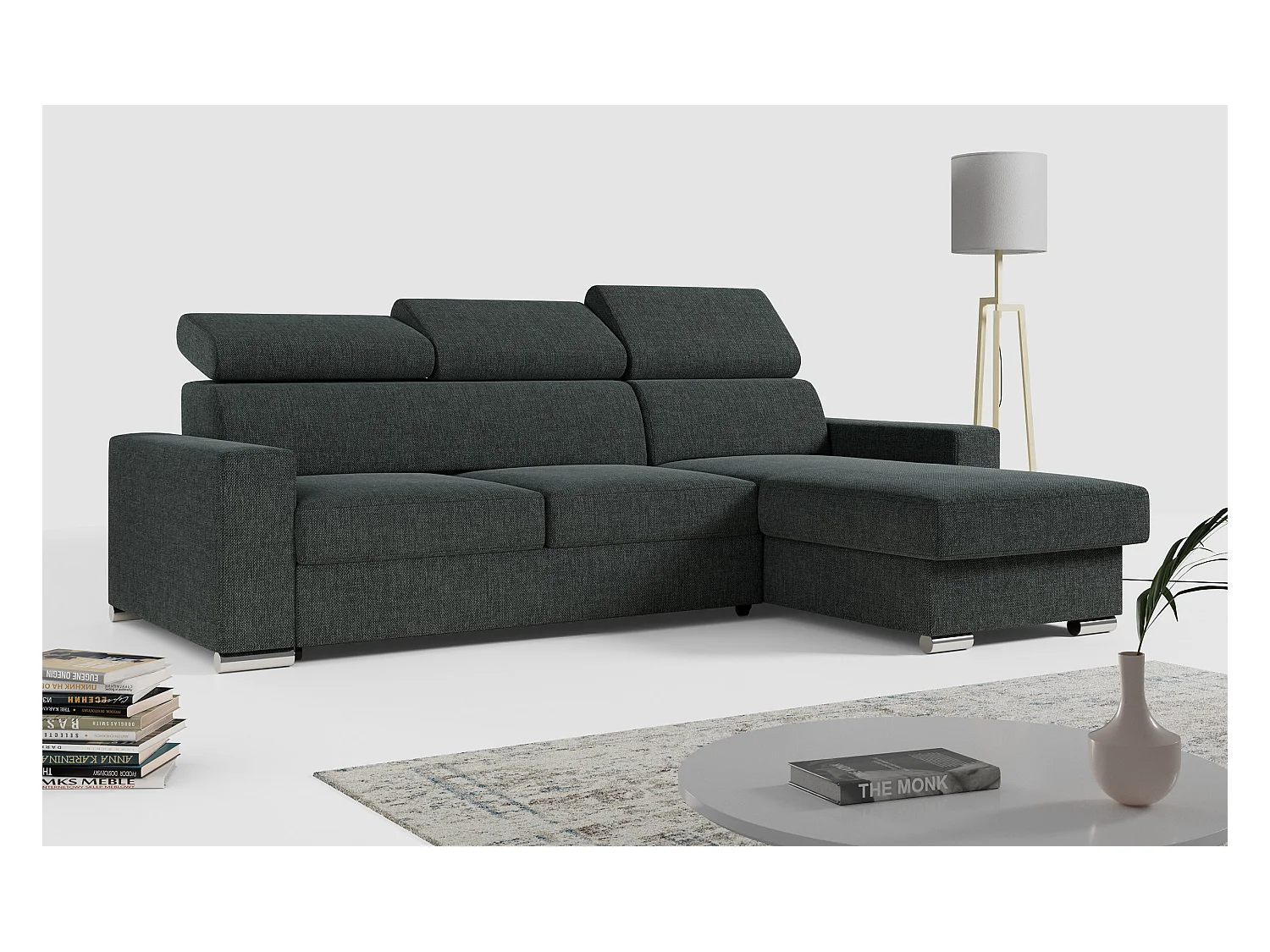 Ecksofa FOX, L-förmige Ecke, Schlaffunktion und Bettkasten, verstellbare Kopfstützen - Dunkelgrau Stukture