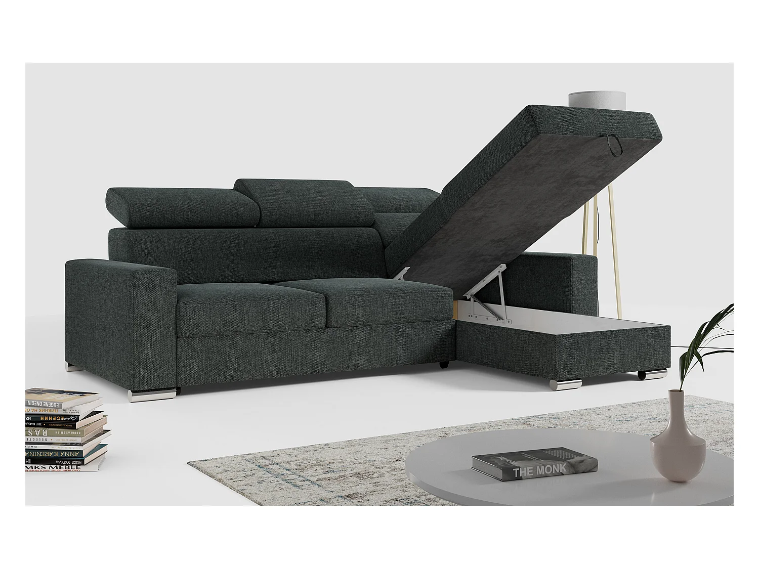 Ecksofa FOX, L-förmige Ecke, Schlaffunktion und Bettkasten, verstellbare Kopfstützen - Dunkelgrau Stukture